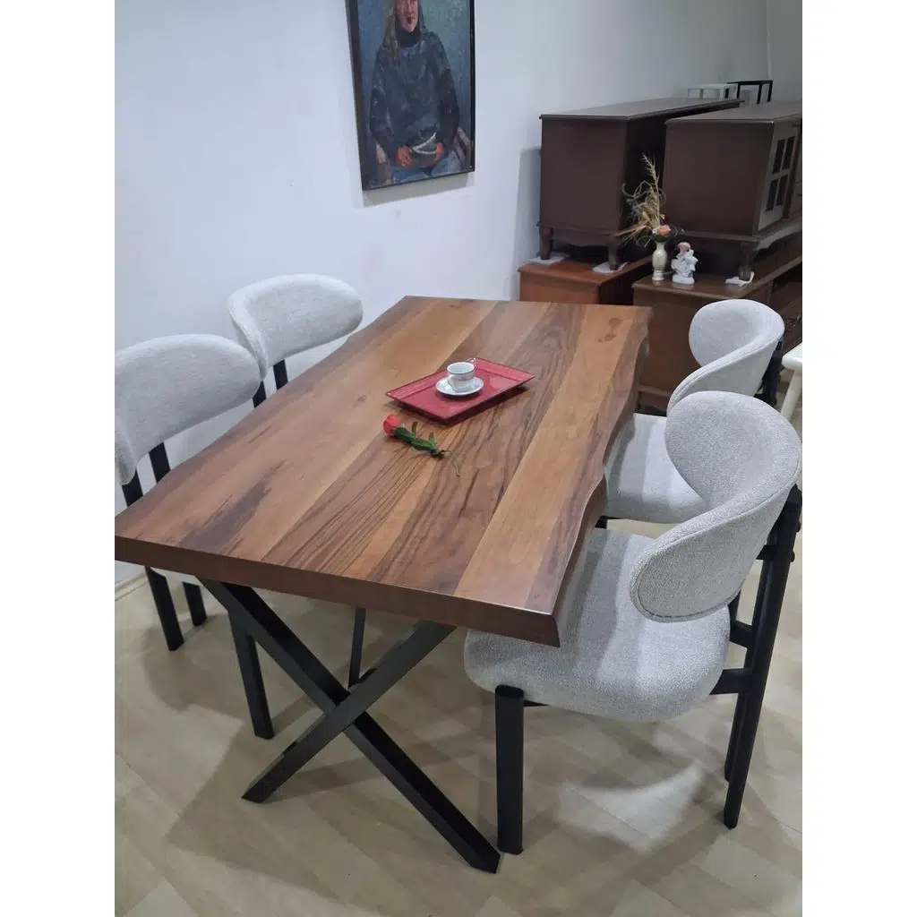 Masa Kütük 90601 V Ayak Sabit Ahşap Boyalı 4 Adet Sandalye Metal Ayak