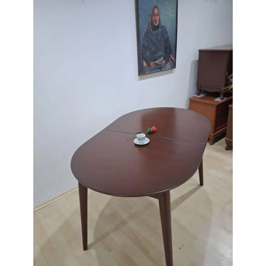 Masa Oval 90641 Retro Ayak Model Kayın Retro Açılır Parlak Ceviz Tabla El Yapım