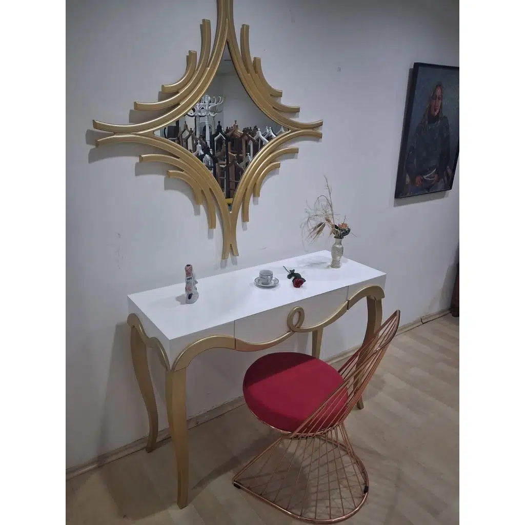 Dresuar Cnc Kabartma 90662 Model Aynalı Demir Sandalye Ayak Parlak Beyaz Gold Renk