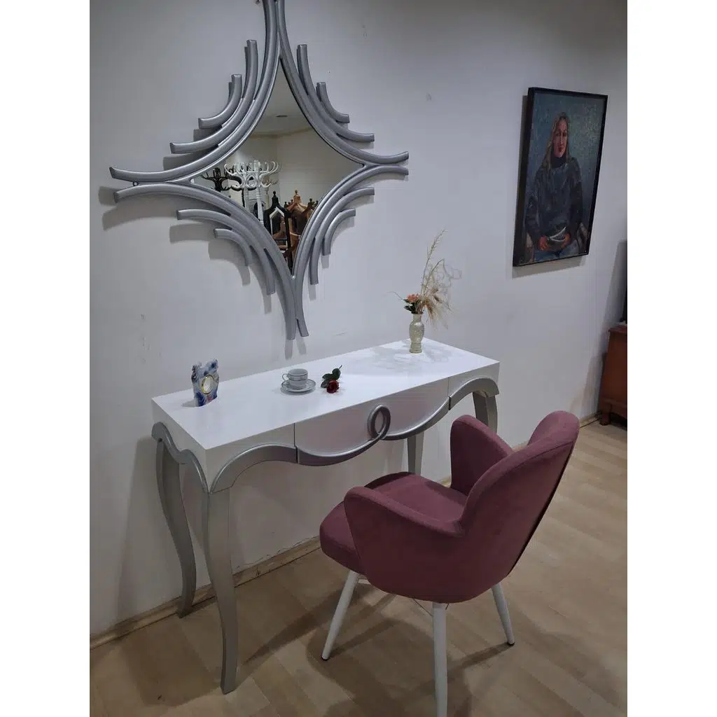 Dresuar Cnc Kabartma 90665 Model Aynalı Kelebek Sandalye Ayak Parlak Beyaz Gri Renk