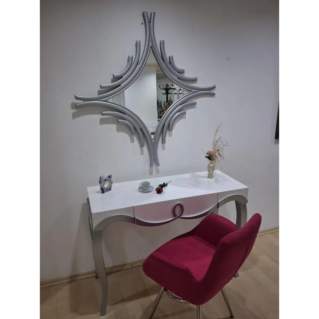Dresuar Cnc Kabartma 90669 Aynalı model Kelebek Sandalye Ayak Parlak Beyaz Gri 