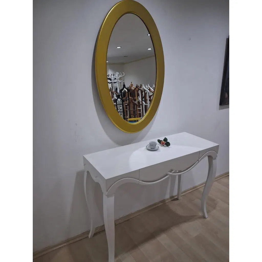 Dresuar Cnc Çökertme 90671 Model Oval Gold Renk Ayna Lake Beyaz Tabla Kayn Aslan Ayak