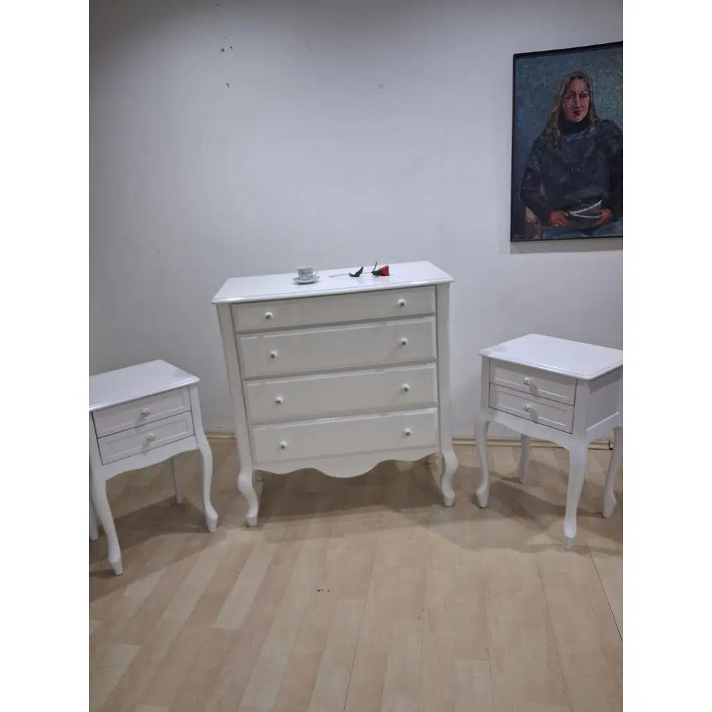 Şifonyer 2 Adet Komodin 90668 Model Aslan Ayak Kayın Parlak Beyaz Porselen Kulp