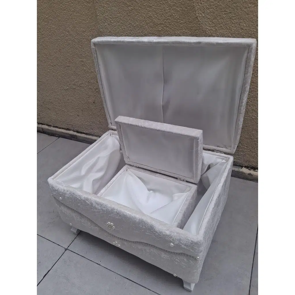 Çeyiz Sandık 12349 mini Krem Kapitone KÜÇÜK Model KREM Kadife Kumaş İçi Tela 