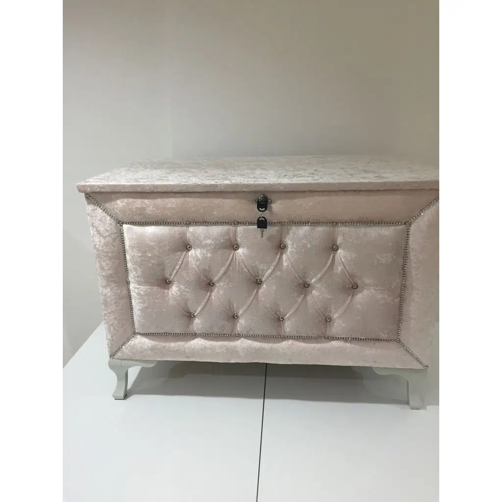 Çeyiz 13232 SANDIK Kapitone Büyük 3lü Model PEMBE Kadife Kumaş İçi Tela El Yapım