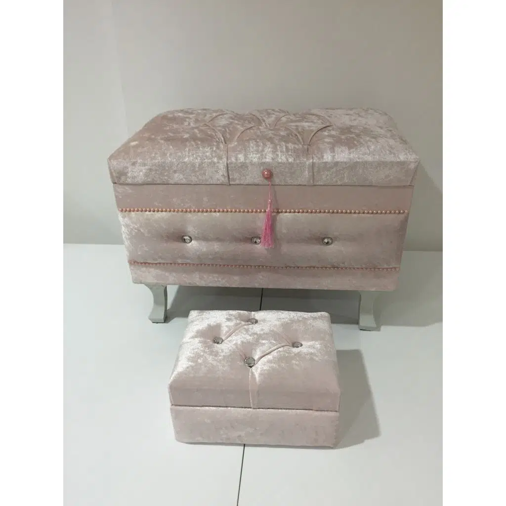 Çeyiz 13234 SANDIK Kapitone Küçük set Model PEMBE Kadife Kumaş İçi tela El Yapım