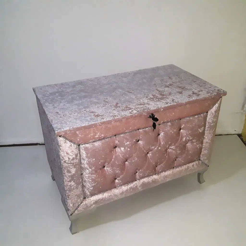 Çeyiz 13941 SANDIK Kapitone Model 3lü Set PEMBE Kadife Kumaş İçi Tela El Yapım