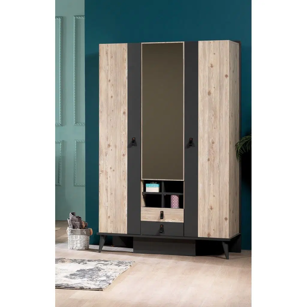 Dolap Urlu 13989 RODİSOHO Antrasit Model Beyaz 3Kapak Model Çekmece Raf Ayna