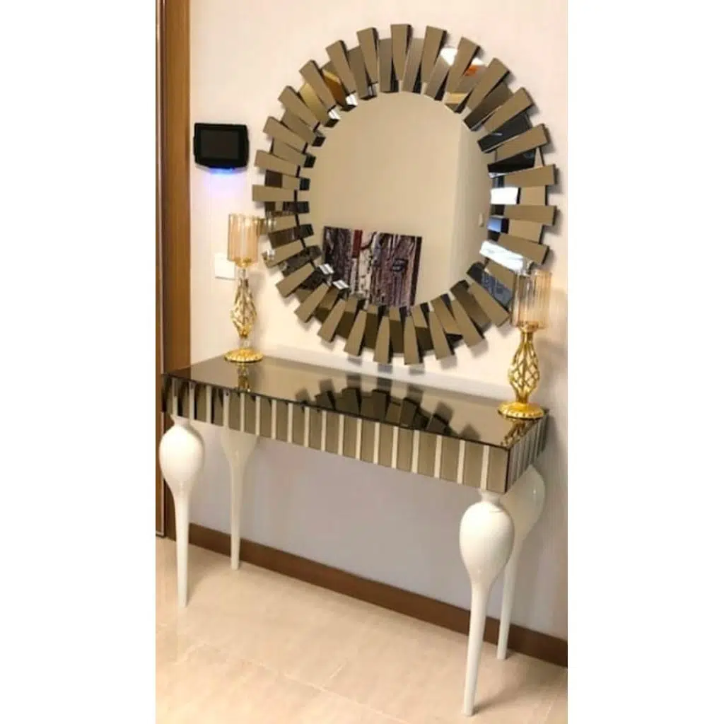 Dresuar GÜNEŞ 13870 Model Kayın TOMBUL Beyaz Yuvarlak Bronz ayna kaplama El yapım