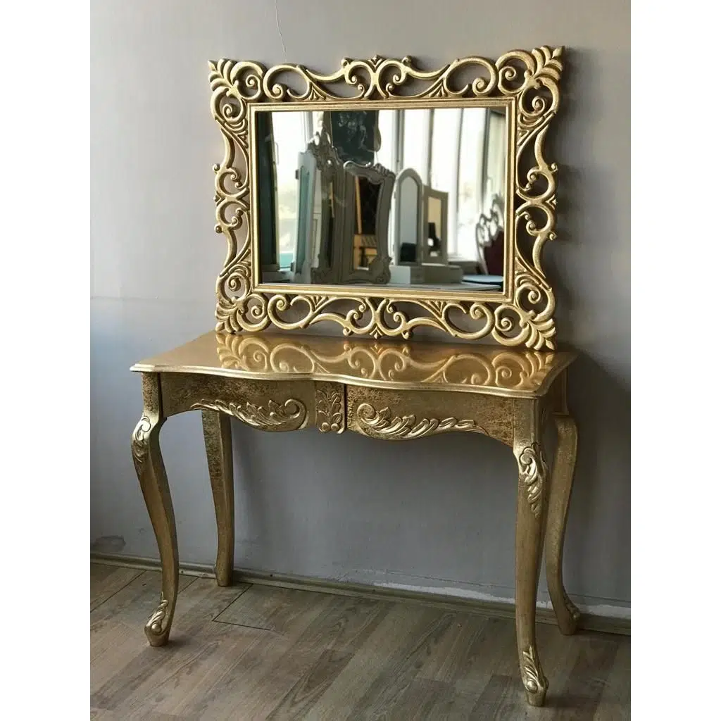 Dresuar 17413 Aslan Ayak Model Kayın TORNA Parlak GOLD Lake ÇEKMECE Ayna Lüx Oyma