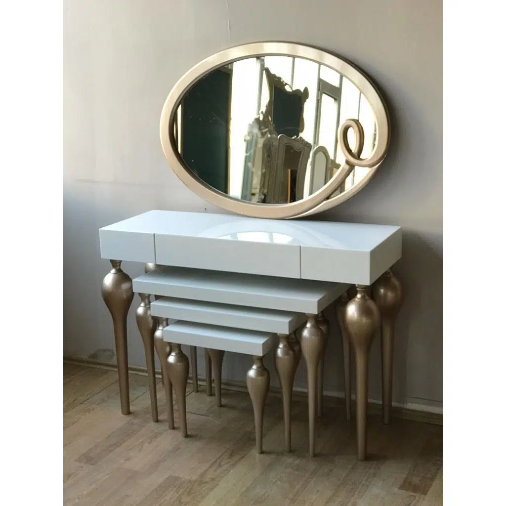 Dresuar-Tombu 18217 Zigon İmza Oval ayna Kayın MDF ayak Tabla Gold-Beyaz UYUM
