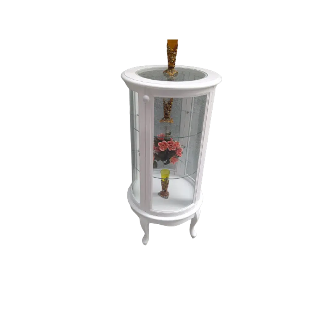 Gümüşlük vitrin 17432 Yuvarlak MODEL Beyaz Kayın Aslan ayak 3raf Bombe Cam 120cm