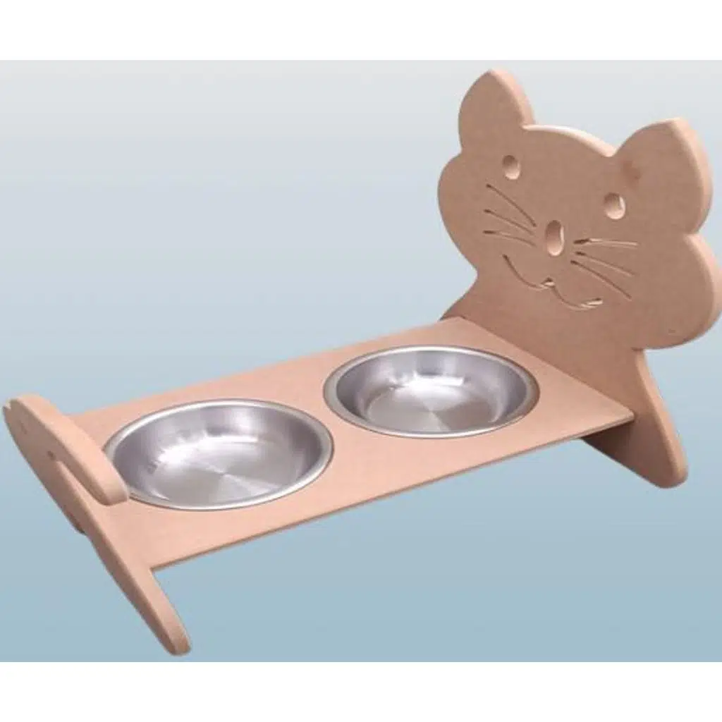 Hobi ERC 90369 MODEL Kedi Mama Ve Su Kabı Seti MDF HAM boyasız Paslanmaz Tabak