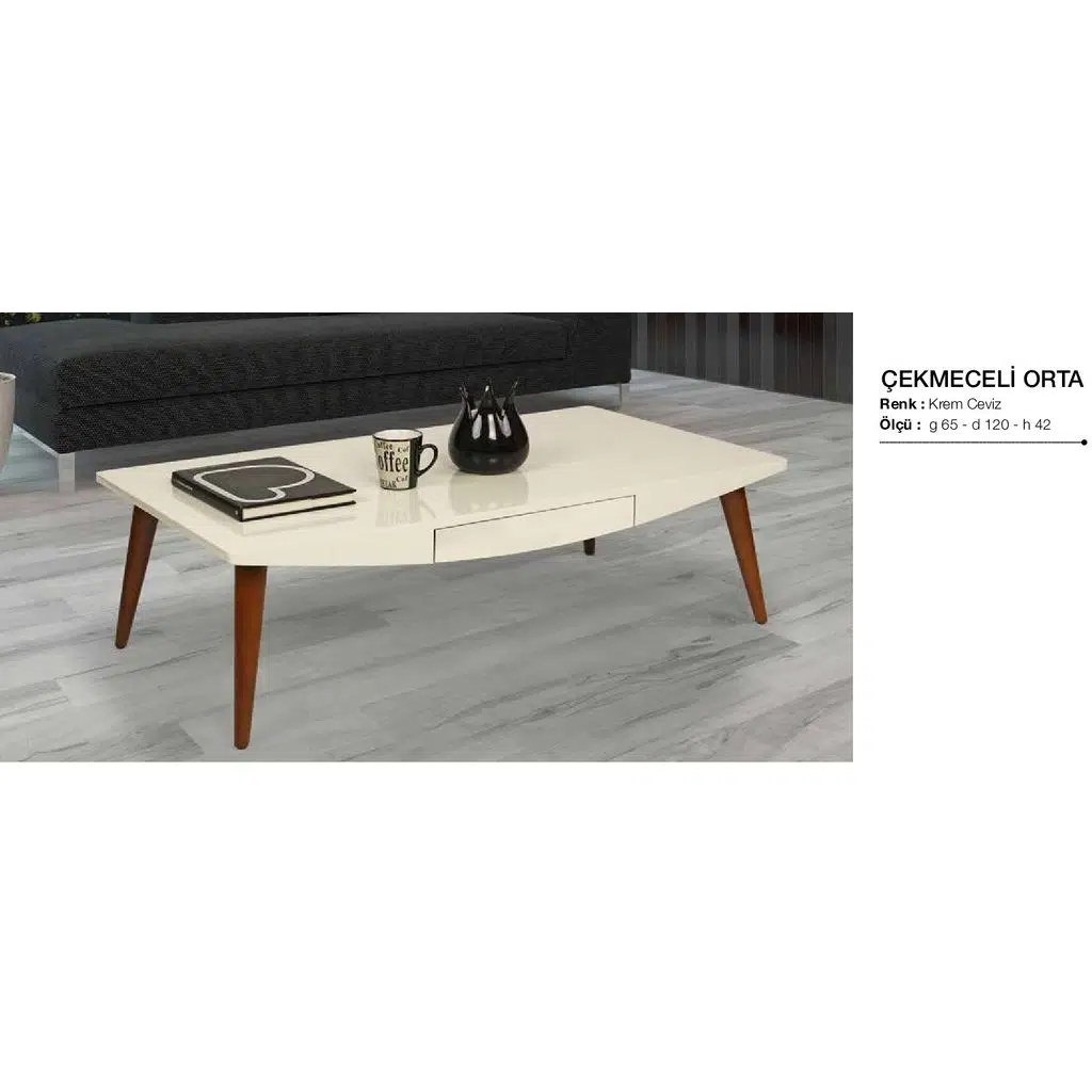 Orta Sehpa 17601 OSM ÇEKMECE Model Parlak Ceviz Krem Kayın aslan ayak El Yapım 