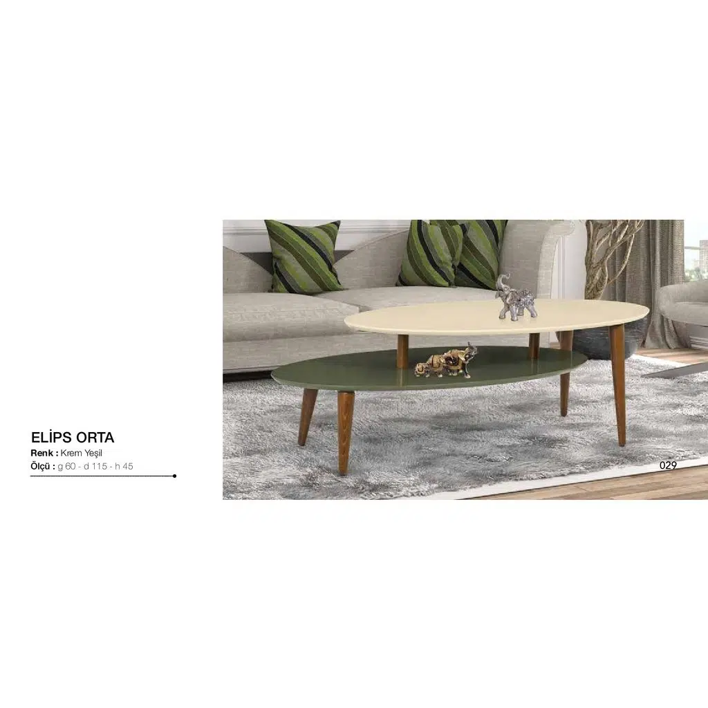 Orta sehpa OSM 11828 ELİPS iki katlı Parlak Krem Yeşil Kayın RETRO ayak El Yapım