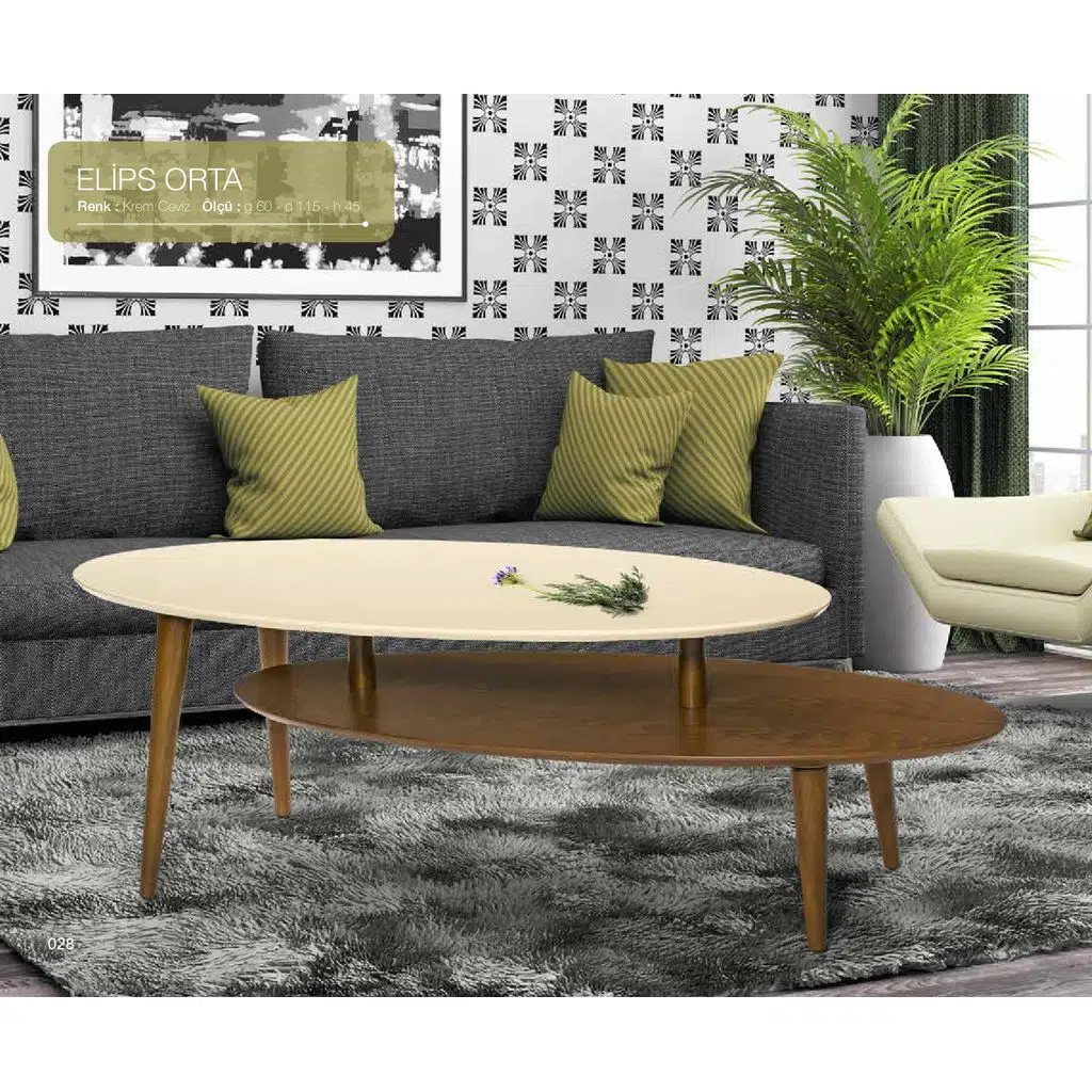 Orta sehpa 17604 OSM ELİPS Model Sehpa Parlak Ceviz Krem Kayın torna ayak El Yapı