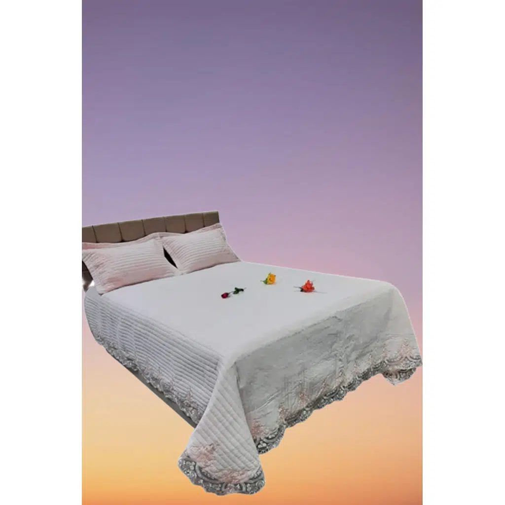 Yatak Örtüsü 13545 Zümrüt Çift Kişilik Dantelli pastel yeşil %80 Pamuk El Yapım
