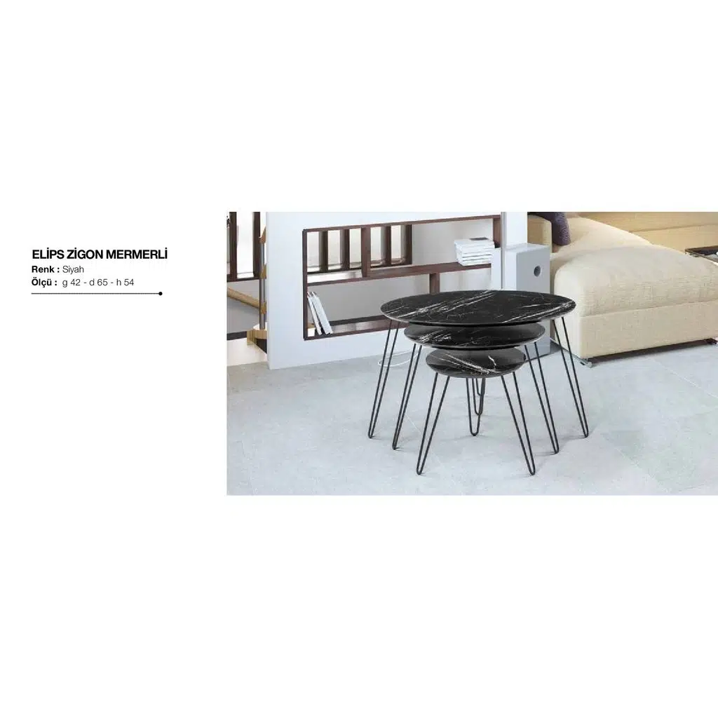 Zigon OSM 11819 ELİPS Model Çelik V Ayak Parlak Siyah Desen Mdf Tabla El Yapım